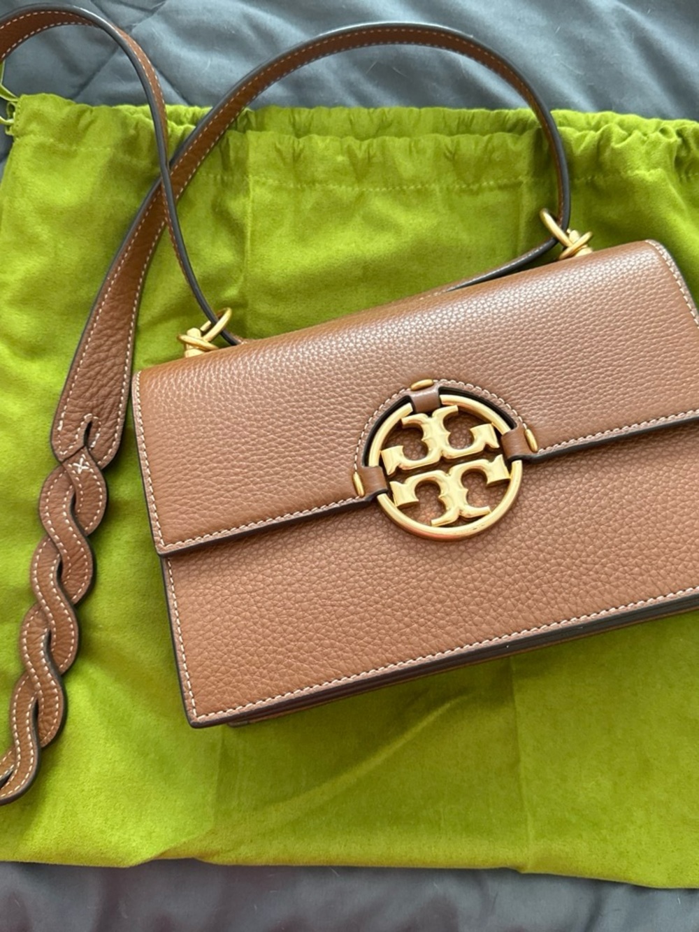 Tory Burch Tan Pebbled Leather Crossbody with Gold Logo